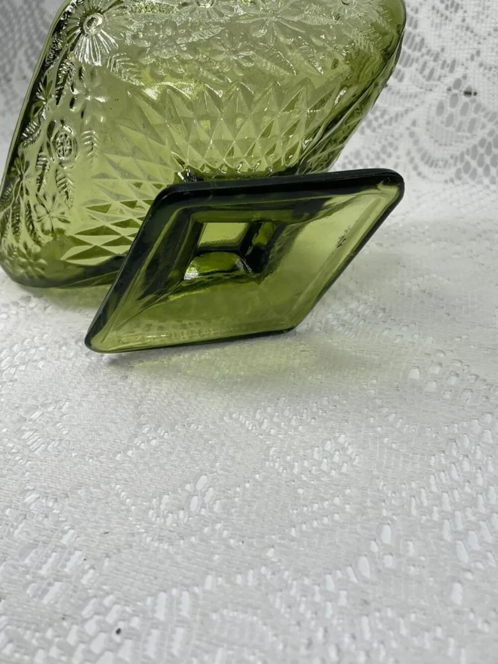 Vintage Green Indiana Glass Daisy Floral Candy Dish, Diamond Shaped Dish